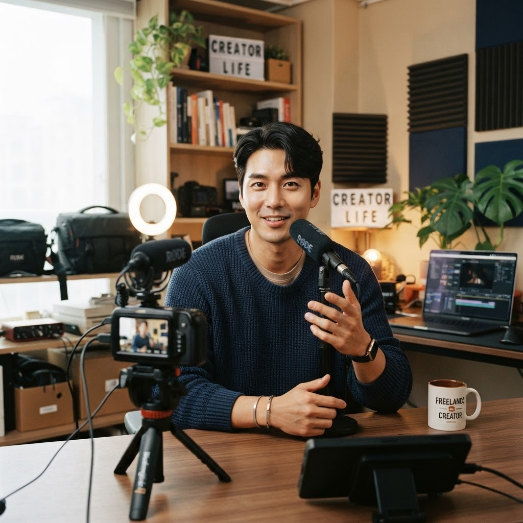 스튜디오에서 영상을 촬영하고 있는 크리에이터