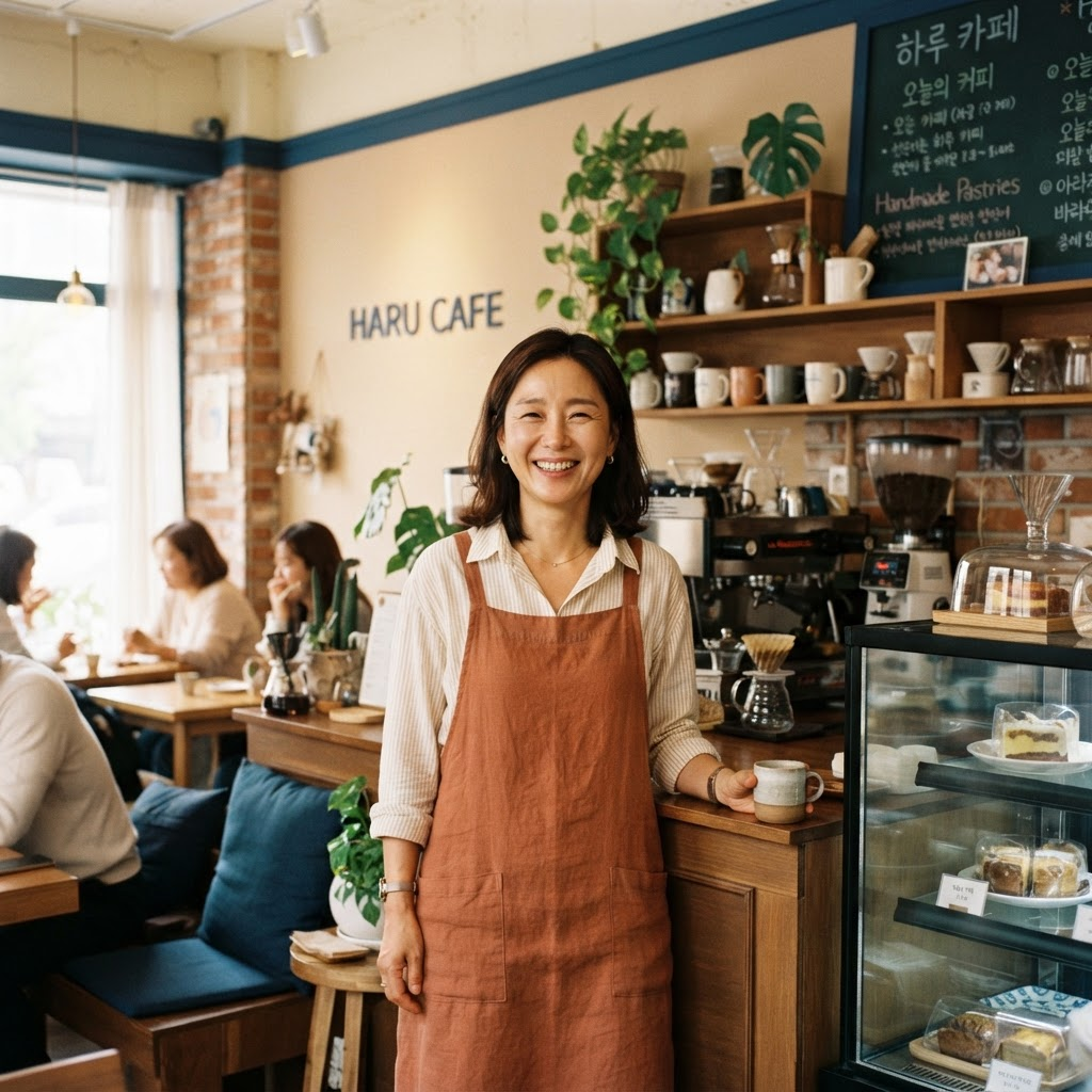 자신의 카페에서 미소 짓고 있는 소상공인 대표